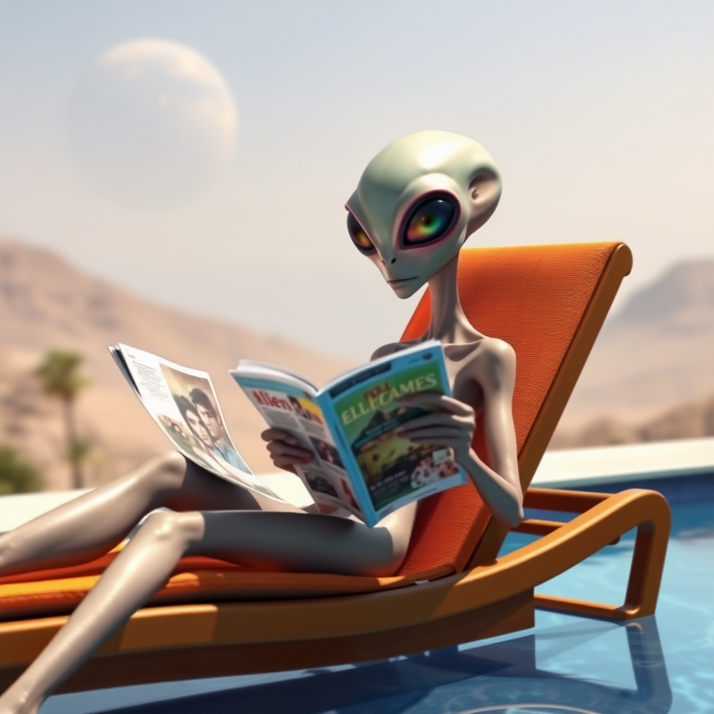 An alien female, sitting in a sun lounger and reading an alien magazine. She is sitting by the pool. Alien planet.