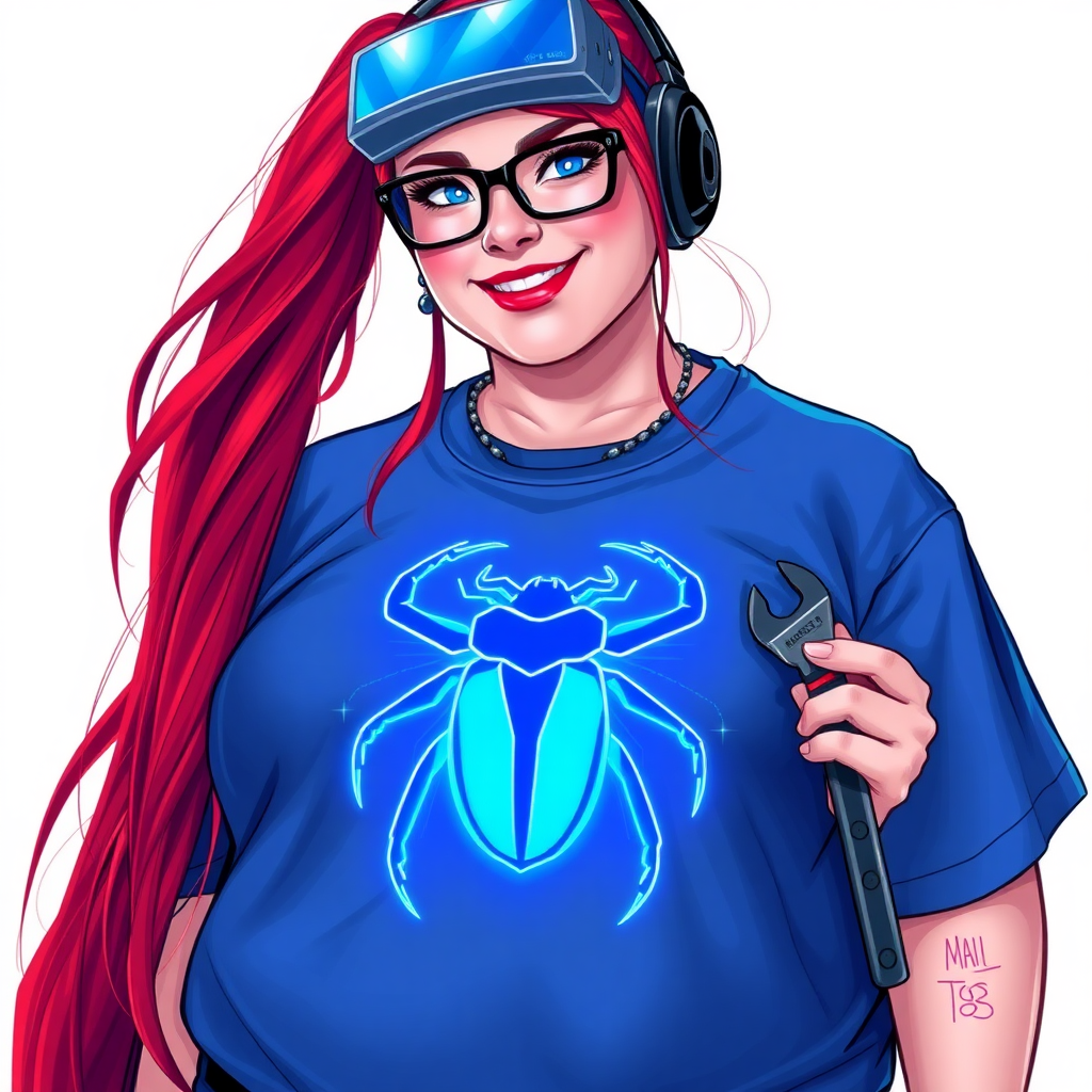 A cyberpunk vigilante’s fat intelligent and tech-savvy 29-year-old girlfriend, who is a computer hacker and tech genius. She has a long ruby red ponytail and bright blue eyes. She wears a sapphire beetle gemstone necklace, and an oversized Maximum Blue (RGB 71, 171, 204) t-shirt featuring a giant neon blue glowing icon of a beetle on its chest. She has a full-figured physique with a prominent, gargantuan, round midsection, reflecting her well-cared-for lifestyle. The midsection is heavily emphasized. She sports a sapphire headset with hi-tech Maximum Blue (RGB 71, 171, 204) lensed HUD visor, Maximum Blue (RGB 71, 171, 204) lipstick, black eyeglasses, and a beaming smile with a passionate bright red blush. Despite her figure and a lack of self-esteem, she radiates an air of beauty. She has an angular face which contributes to her radiant beauty. She serves as his tech expert from his hideout, holding a holographic tablet and a hi-tech tool wrench. The background is solid white. She is drawn as if she was in a retro 2D cyberpunk fighting game. Make sure her shirt covers her round midsection.