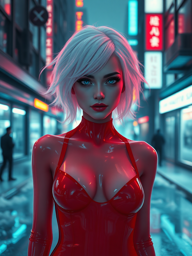 NEXON GAMES, inside in a scenery game city Altered Carbon, white gelatins floating, white hair, blue eyes neon, mouth closed with a sarcastic expression of irony, ice street in city, using red gelatin swimsuit translucent metallic red skin, front posing, full body view, Image 9:16 Resolution HD High Quality, cinematic corrected lighting, hyper-realistic saturation in layer fusion with 8K cinematic HDR traces in Real Tracing perspectives, realism vision colors Impact of Realism in the reflections of the environment inspired by wet