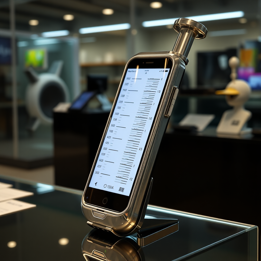 A mobile phone in the shape inspired by a syringe, metallic futuristic, kept for sale, in showroom.