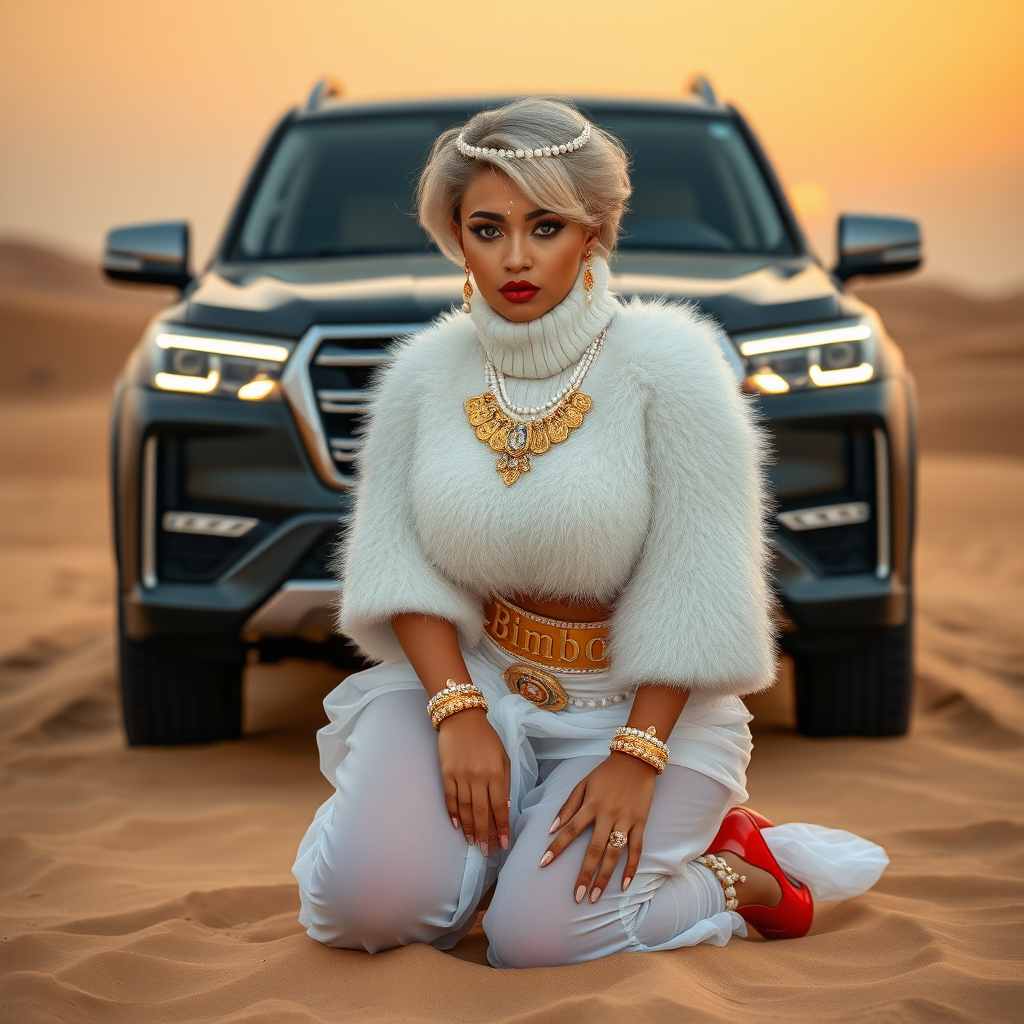 Kuwait desert dunes misty dawn, full size luxury SUV: Melissa, European 17 years old very convincing femboy “trophy-bimbo”, tamed servile docile, very beautiful feminine flawless face, rather short, by hormones very curvaceous womanly figured, platinum blond short tight curls, bold red lips, long white French nails, heavily made-up face, wearing Supertanya-style fluffy very fuzzy bright white angora turtleneck-poncho cropped ending under bust decorated with pearls and glass stones, striking oriental wide gold bridal protection belt, white fully transparent harem pants, bright red pumps with golden very high heels, full Oriental bridal jewelry including headpiece, nose-ring, coin wristlets, coin anklets, striking diamond “Bimbo” letter brooch on left chest, thick heavy pearl wristlets, pearl anklets, pout frustrated, kneeling in sand in front of SUV, looking at camera. Focus on face and turtleneck-poncho.