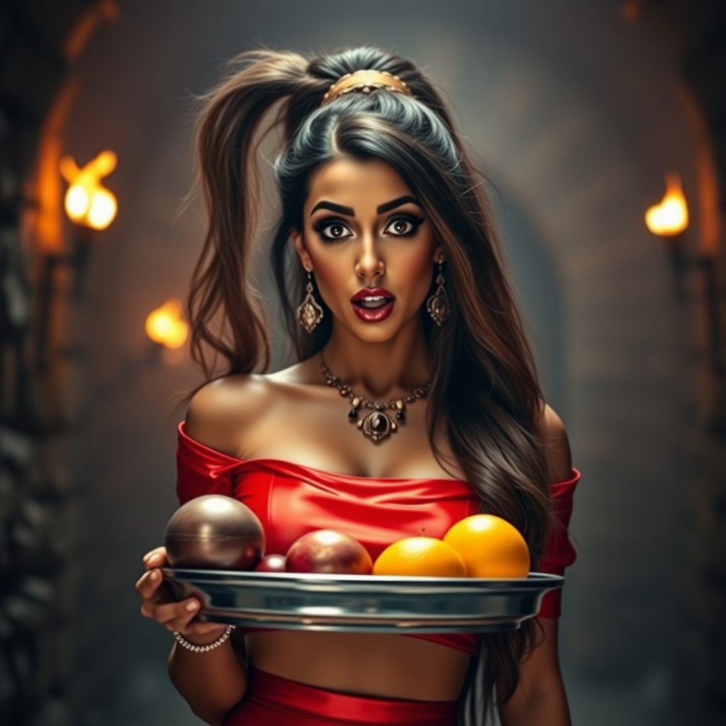 realistic photo of a surprised Arabian model with mouth open. She has very large eyes, black eyeshadow, black eyeliner, fake eyelashes, very tanned skin, very long hair. very high ponytail, she look likes princess jasmine, shinny red off shoulder crop top. photo realistic. She holds a metal tray with fruits just above her waist. crop top, shinny red skirt. full body view. shinny red pencil skirt. dungeon with fire torches in the background.