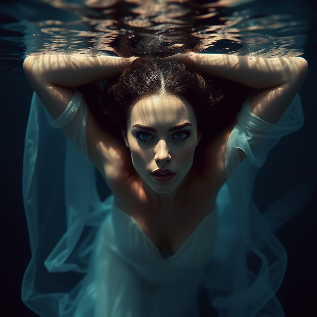 Supermodel floating underwater in diaphanous flowing gown, dark deep waters and dramatic lighting, crystal clear water her arms are up over her head stunning hd DSLR photography, she's facing the viewer looking down deeper into the water. intense and mysterious eye contact.