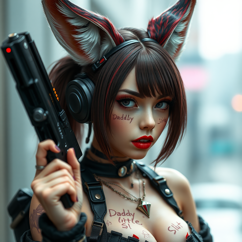 Real life photo of a cyberpunk waifu, she has “daddy’s little slut” written on her skin with lipstick. She is holding a big gun, she has fox ears, tiny metal nipple covers.