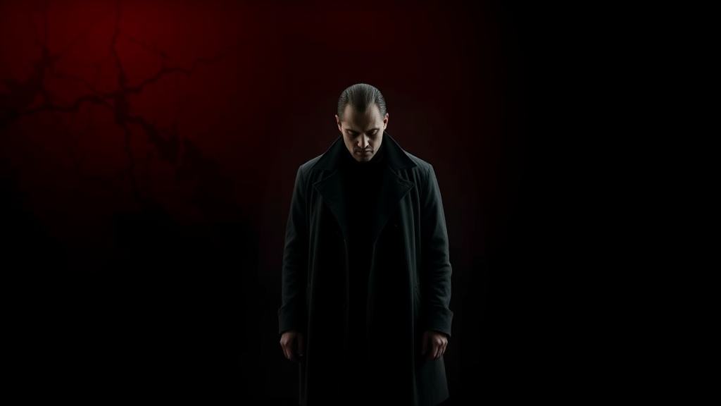 Create a YouTube miniatura (1024x576) with a mysterious man in a long, dark trench coat, similar to Dean Winchester, standing in the center. His face should be partially hidden in shadows, creating an eerie atmosphere. The background should be a gradient of blood-red fading into black, with subtle textures like cracks or shadows. Use soft lighting to illuminate parts of his figure while keeping the rest in darkness. The overall mood should convey psychological horror, with a clean and modern font in the top corner for the title.