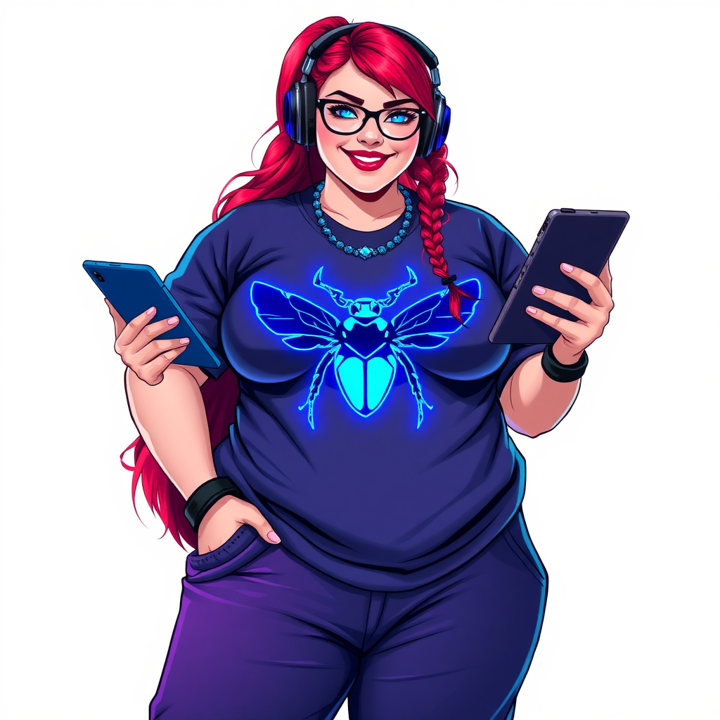 A cyberpunk vigilante’s full-figured intelligent and tech-savvy 29-year-old girlfriend, who is a computer hacker and tech genius. She has a long ruby red ponytail and bright blue eyes. She wears a sapphire beetle gemstone necklace, an oversized Maximum Blue (RGB 71, 171, 204) t-shirt featuring a neon blue glowing chest icon of a winged beetle, and matching Maximum Blue (RGB 71, 171, 204) sweatpants. She has a full-figured physique with a prominent, gargantuan, well-rounded midsection, reflecting her well-cared-for lifestyle. Her midsection is heavily emphasized. She sports a sapphire headset with a hi-tech sapphire lensed HUD visor, Maximum Blue (RGB 71, 171, 204) lipstick, black eyeglasses, and a beaming smile with a passionate bright red blush. Despite her figure and a lack of self-esteem, she radiates an air of beauty. She has an angular face which contributes to her radiant beauty. She serves as his tech expert from his hideout, holding a holographic tablet and a hi-tech tool wrench. The background is solid white. She is drawn as if she was in a retro 2D cyberpunk fighting game.