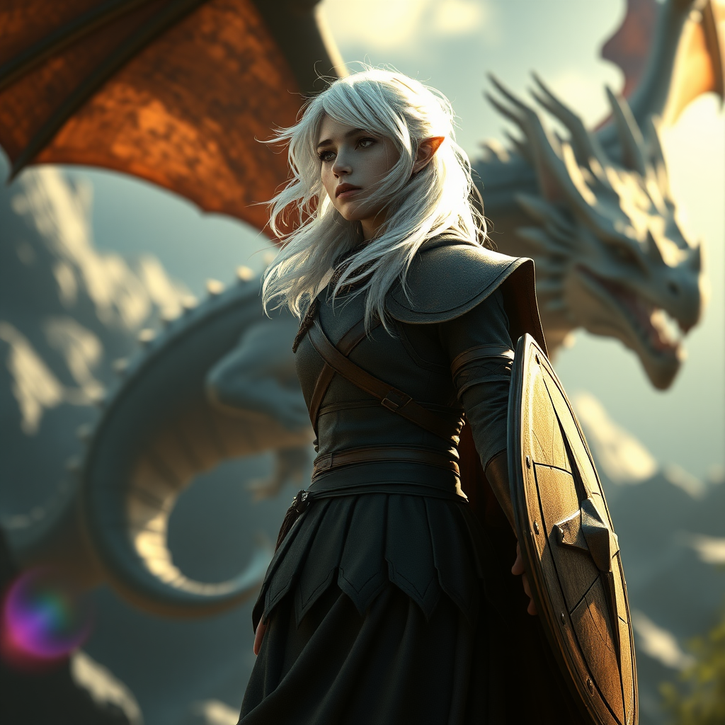 A twenty-something elf girl like (Ana de Armas). Messy shoulder-length white hair. Wide triangular shoulder pads, flowing cloak, leather armor, shield, skirt, high heel ankle boots. She is looking towards a dragon flying in the background. WLOP style. Photorealistic digital matte painting, highly detailed, film grain, lens flare, chromatic aberration.