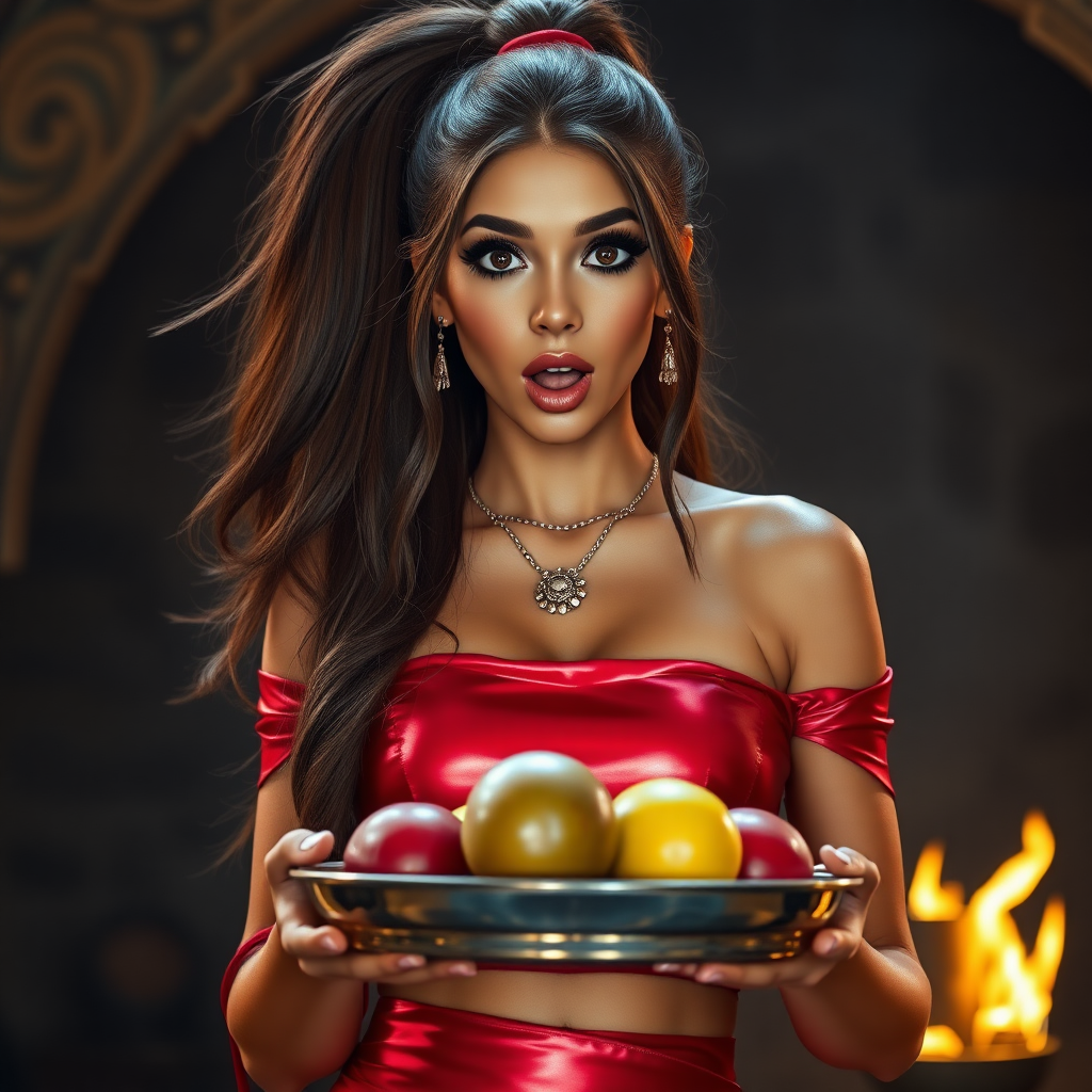 realistic photo of a surprised Arabian model with mouth open. She has very large eyes, black eyeshadow, black eyeliner, fake eyelashes, very tanned skin, very long hair. very high ponytail, she look likes princess jasmine, shinny red off shoulder crop top. photo realistic. She holds a metal tray with fruits just above her waist. crop top, shinny red skirt. full body view. shinny red pencil skirt. dungeon with fire torches in the background.