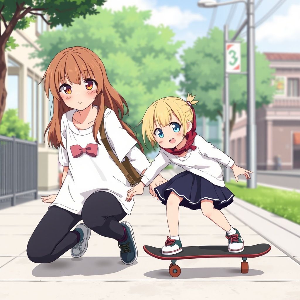 Two anime sisters, one a teen with light brown hair and hazel eyes and the other a smaller kid with blonde hair and blue eyes, playing with a skateboard on a sidewalk.