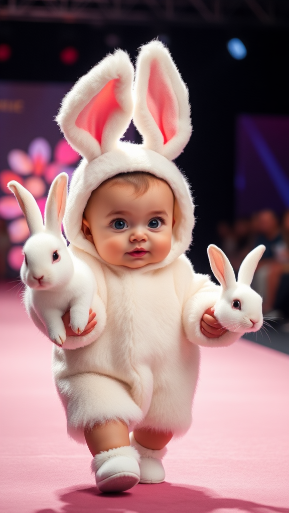 A cute small chubby fair baby with big eyes, pink lips, and pink cheeks wearing a furry cozy white rabbit costume doing a ramp walk in a fashion show, walking with a real big white rabbit held in hands. Cinematic.