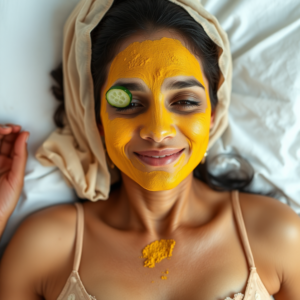 A skinny, traditional, 30 year old Indian wife with hair covering, wearing a bra, lying on a bed. Her face is covered with a turmeric face mask, and her eyes are covered with cucumber slices. She looks satisfied from her facial expression.