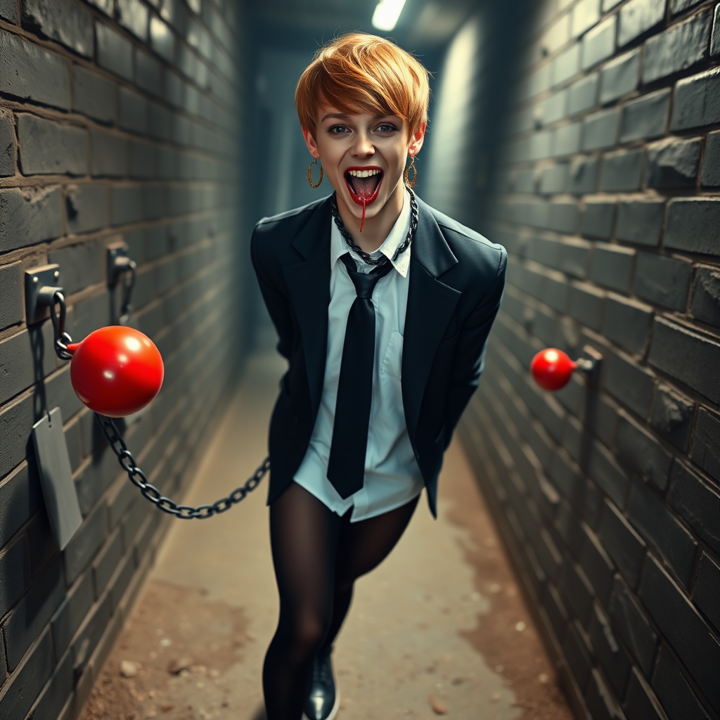 photorealistic, ultra high resolution, 16K, surreal fantasy, soft studio lighting, Tyler Swift is a pretty 18 year old goth male, slim male physique, auburn hair, goth makeup, earrings, shiny black pantyhose, school uniform shirt tie and blazer, Mary-Jane shoes, spiky neck collar chain and leash, red ball-gag, in a dungeon, the end of the leash is chained to the wall, in daylight, excited open mouth smile, drooling a stream of saliva, facing the camera.