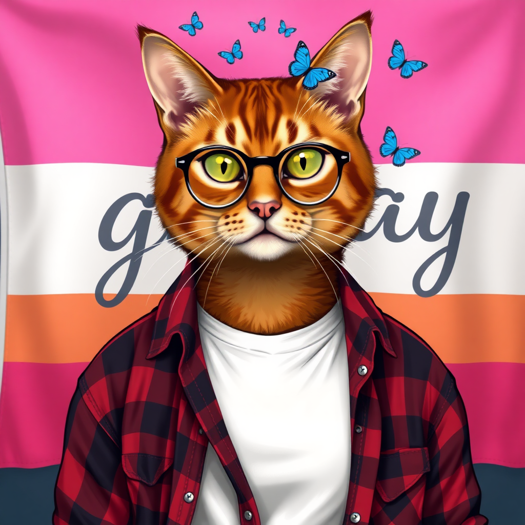 female cat-man colored chestnut with, behind, a flag with horizontal colors pink/light pink/white/light orange/orange, colors in that order with "gay" written in calligraphy with small blue butterflies on top, wearing semi-round glasses, an open red and black checkered shirt over a white t-shirt, in digital art