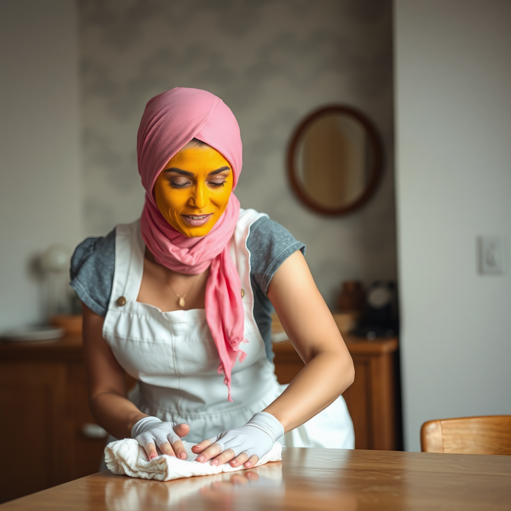 slim, 30 year old, sexy, french maid, pink scarf head, turmeric face pack. She is cleaning a table with a cloth