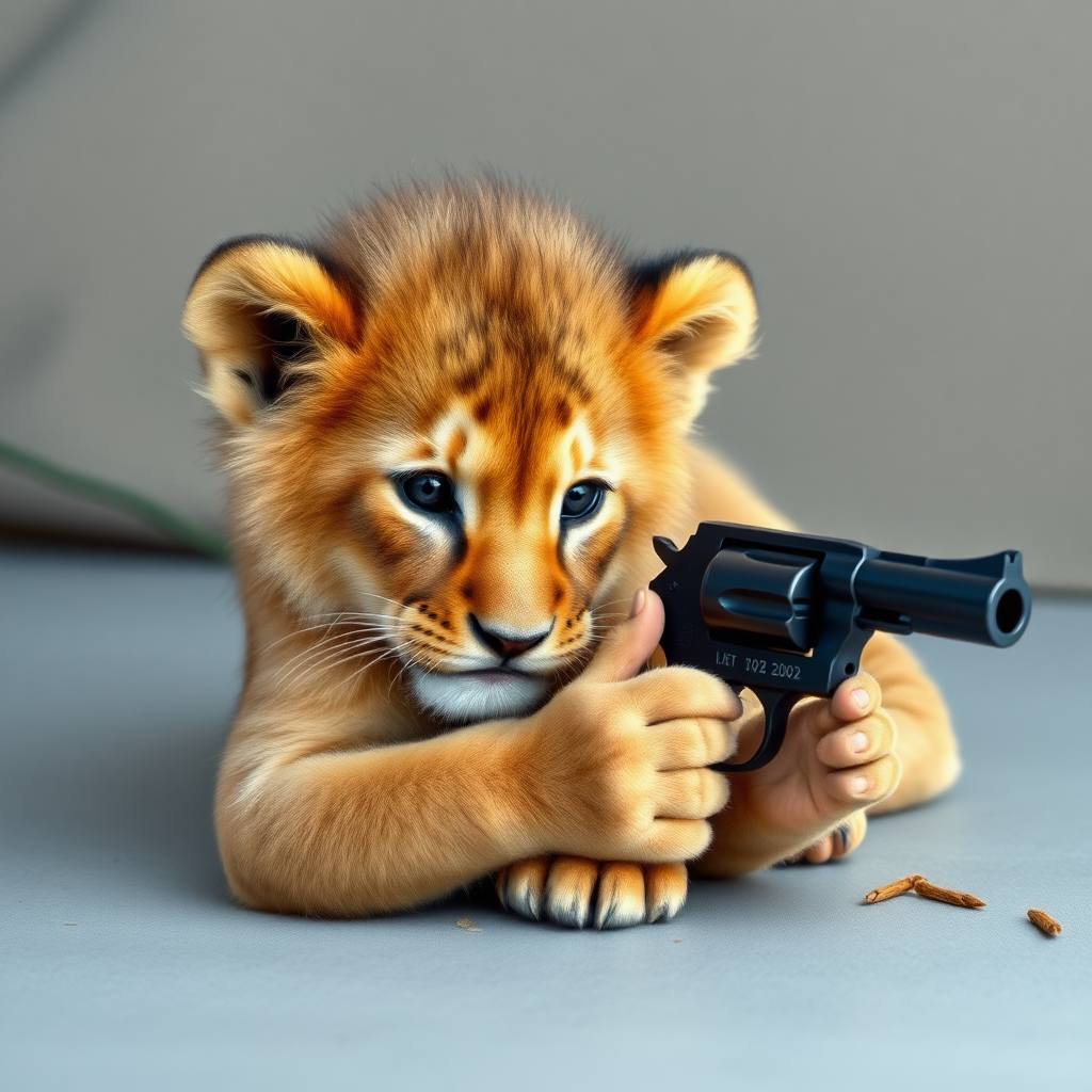 Lion cub with a colt revolver