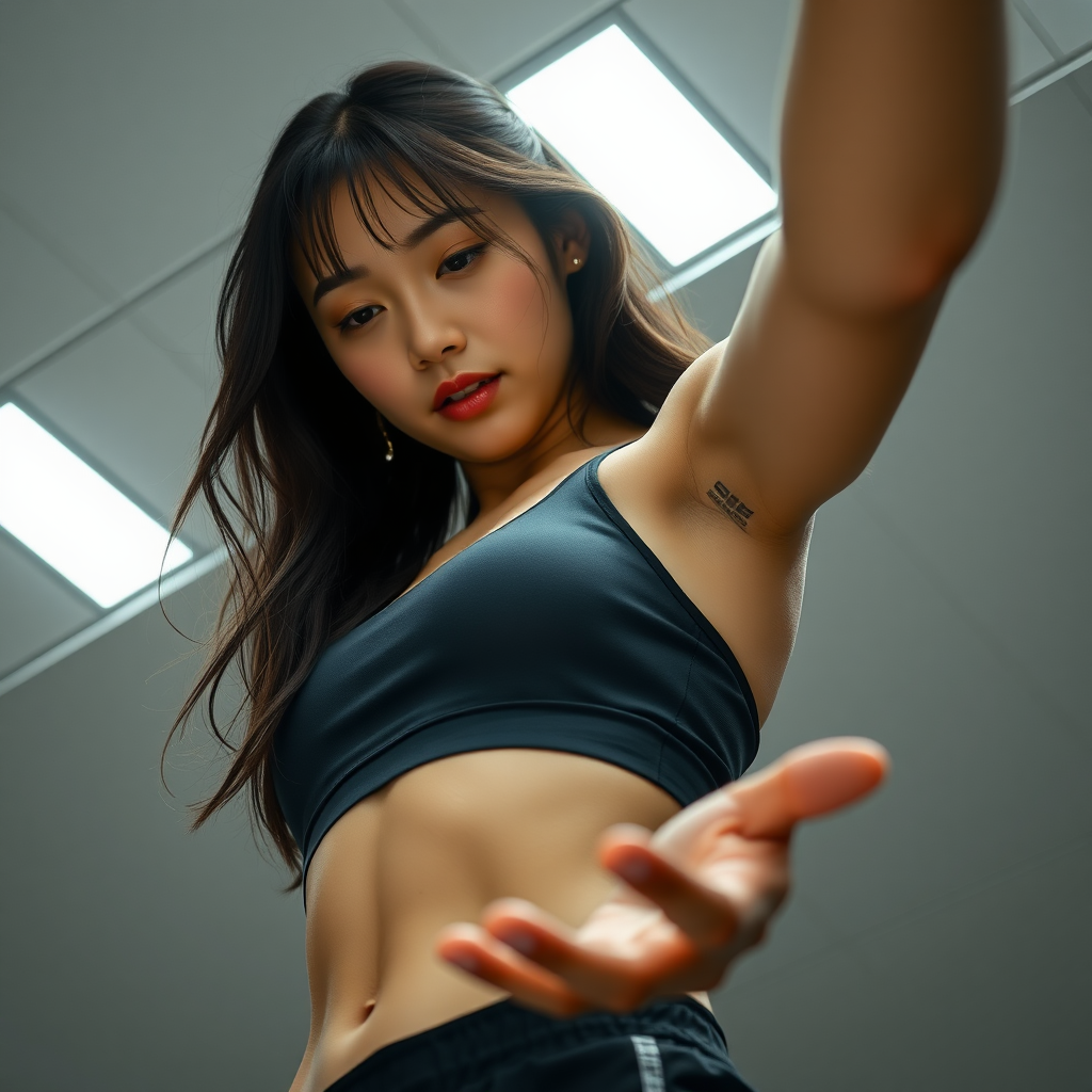 Photorealistic full body low angle shot athletic Korean woman holds her arm outstretched, looking at something resting on her palm negative: bad anatomy