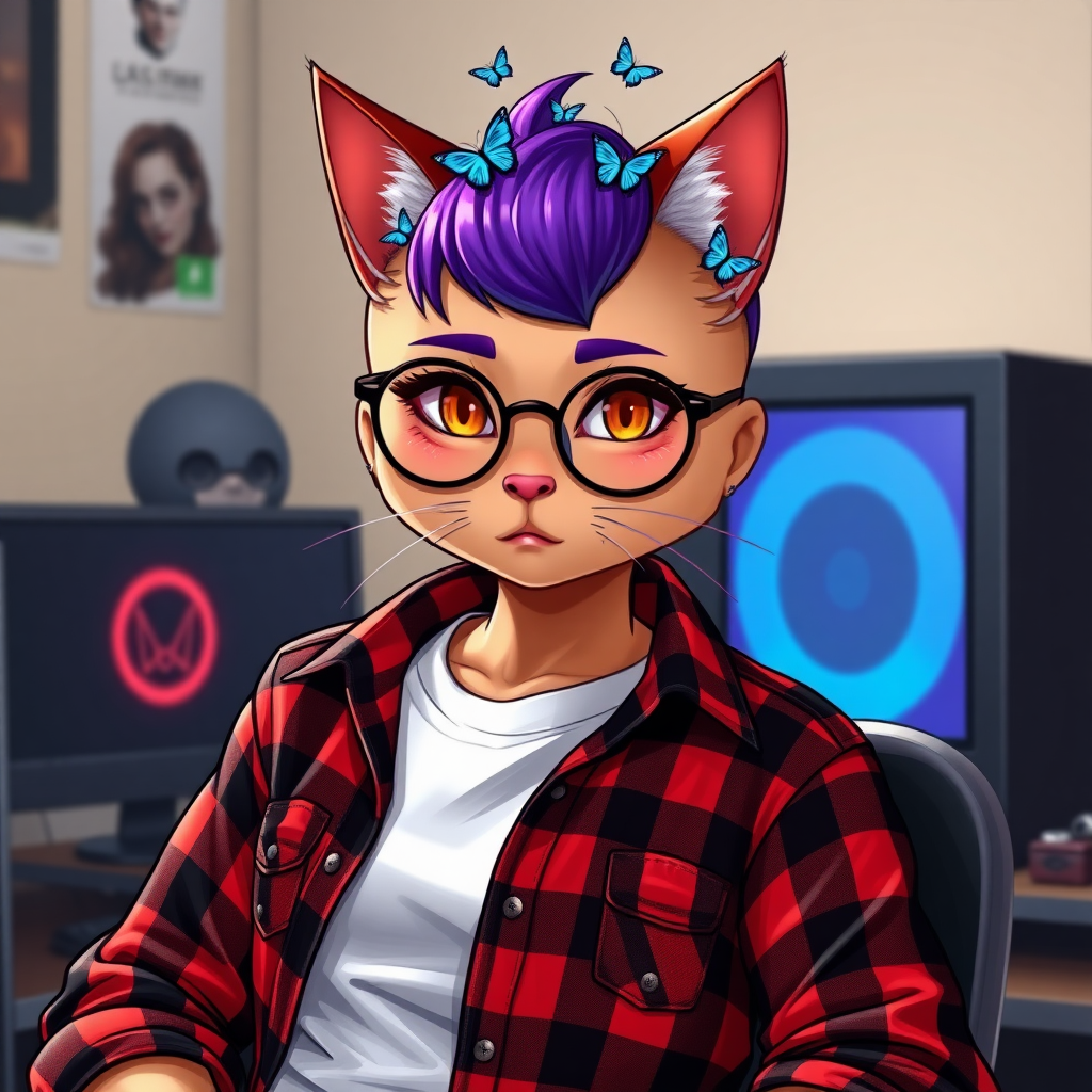 female lesbian cat-man with flat chest serious chestnut color with small blue butterflies on top of the head, a round head, with a purple undercut hairstyle, hazel eyes, dimples on the cheeks, chubby cheeks, wearing semi-round glasses, a red and black checkered shirt open over a white t-shirt, in front of a gaming PC at a desk, in digital art