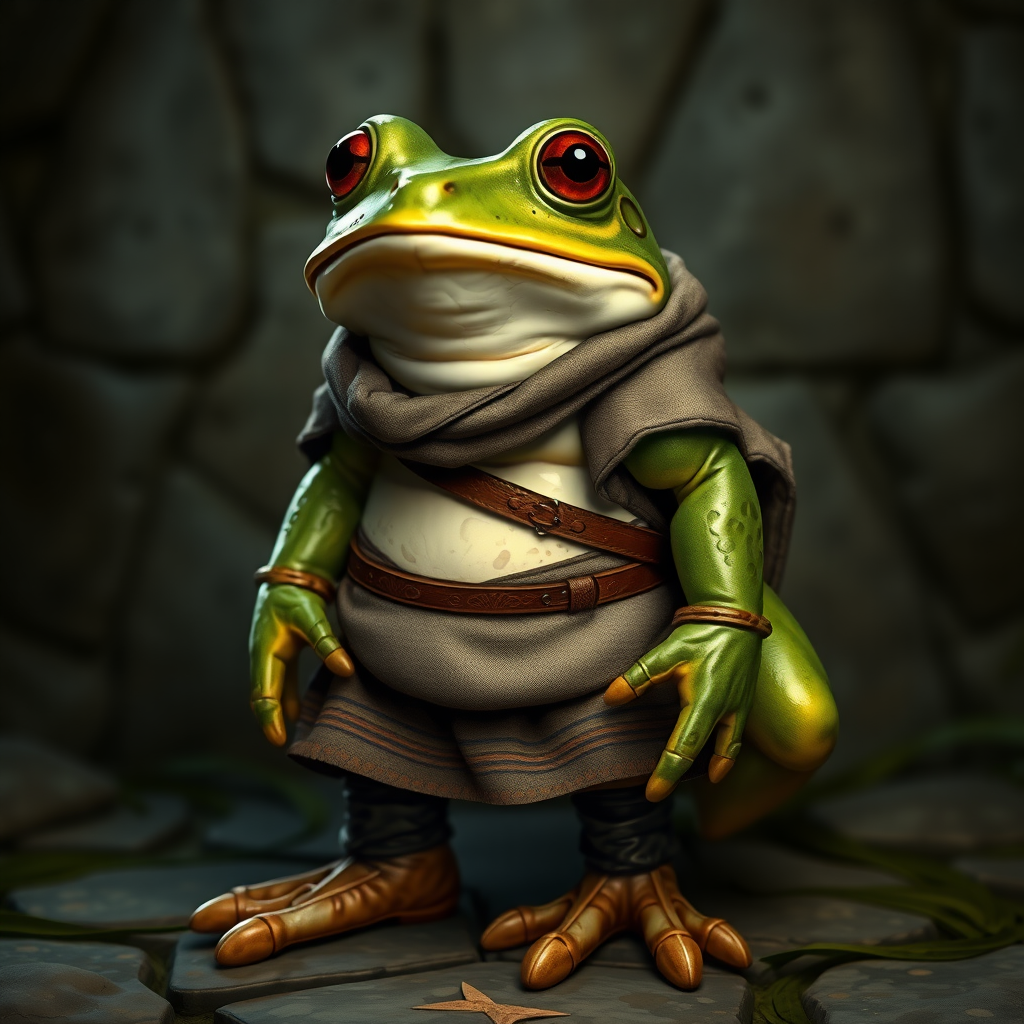 Anthropomorphic frog in a medieval setting and clothing and shoes