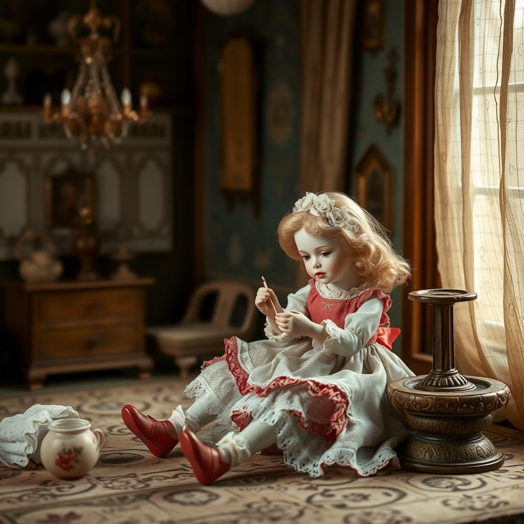 a porcelain doll playing, artists doll, high quality photo, intricate environment, ultra-detailed, impressionistic, dynamic composition, artistic photograph, matte texture