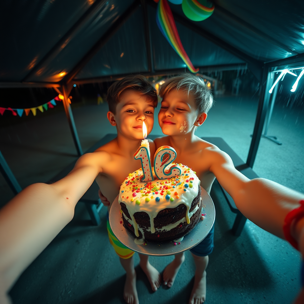 Rainbow birthday party!, aerial selfie, selfie stick, night vision, friendly barefoot tween boy shirtless with adorable hair and freckles kissing his brother, candle on cake shaped like 12, they are sticky with smashed birthday cake and icing like runny white mucus, shirtless and in tiny little fitted trunks, alone celebrating in a dark rainy picnic shelter at midnight, winking at the camera, rainbow decorations.