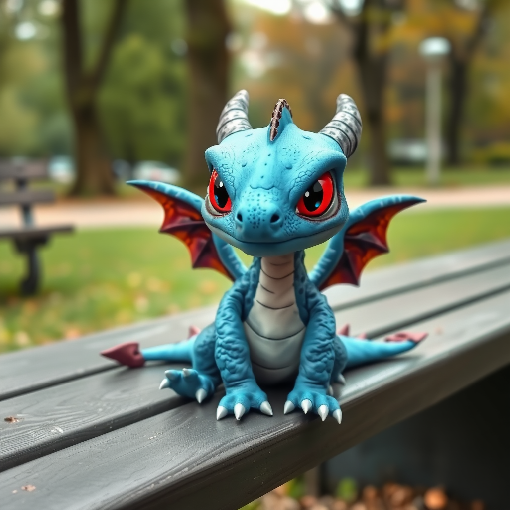 A realistic blue small dragon with two legs, two arms, black angry eyes with red pupils and wings sitting on a bench in a park