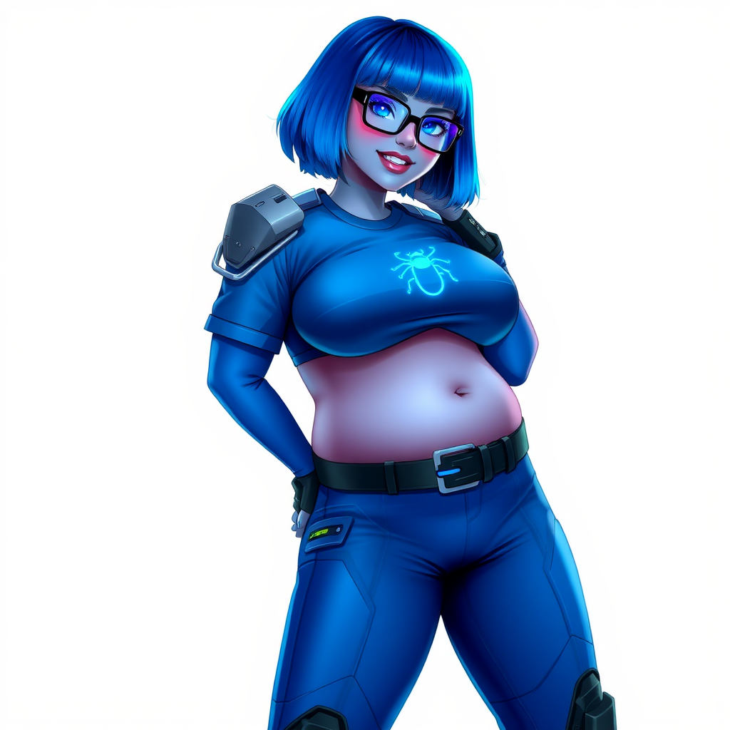 A 28-year-old, full-figured, metallic maximum blue (5PB 5/12) skinned computer program hybrid with a maximum blue bob cut. She has a non-athletic build, highlighted by a prominent, round, large midsection (with full emphasis on her large belly), which shows the effects of her new love of junk food acquired from her boyfriend. As the full-figured, nerdy, digital sidekick to her cyberpunk vigilante boyfriend, her metallic maximum blue skin and maximum blue lipstick (5PB 5/12) emphasize her digital nature. Her skin has a subtle, animated glow, with digital patterns occasionally flickering across it, making her digital nature obvious. She wears a digital, computerized costume, consisting of a huge, tight-fitting, maximum blue t-shirt (5PB 5/12) with a neon blue glowing chest icon of a beetle, hi-tech shoulder pads with neon blue accents, a black hi-tech belt with a digital neon blue glowing buckle, digital maximum blue biker pants (5PB 5/12) with neon blue accents, and black hi-tech fingerless biker gloves with neon blue glowing accents. Her neon blue glowing eyes, black eyeglasses with neon blue glowing lenses equipped with a built-in HUD, and bashful smile with neon red blush accentuate her nerdiness. She stands bashfully with one hand behind her back and the other hand gently touching her cheek, her costume covering all her skin and fully emphasizing her full-figured physique (especially her large belly). She is clearly non-athletic, with a focus on her full-figured physique. Despite her build, she radiates beauty. She has a slim face compared to her physique, accentuating her radiant beauty. She is on a solid white background. She is drawn as if she were in a retro 2D cyberpunk fighting game.