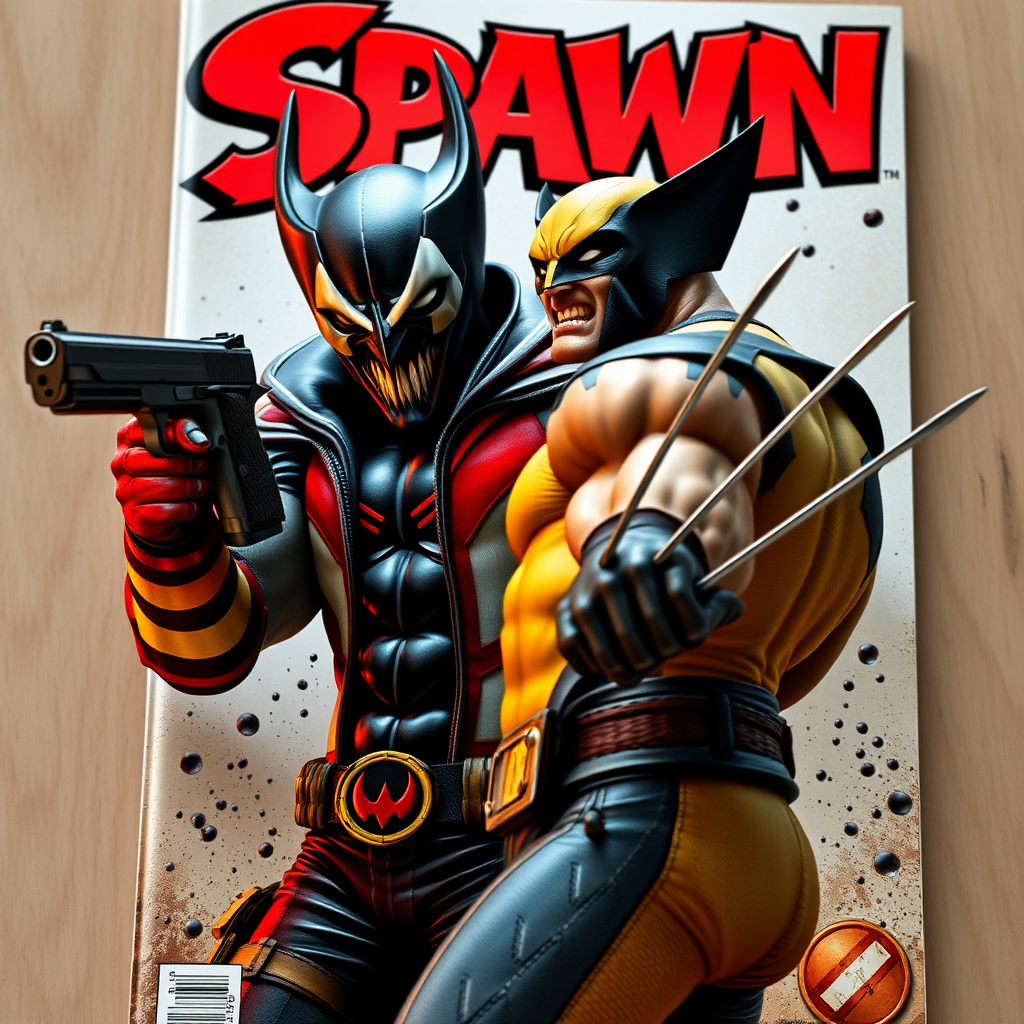 On a comic book cover is Spawn holding a gun Vs Wolverine in Cinematic Real3d photo-realistic quality.