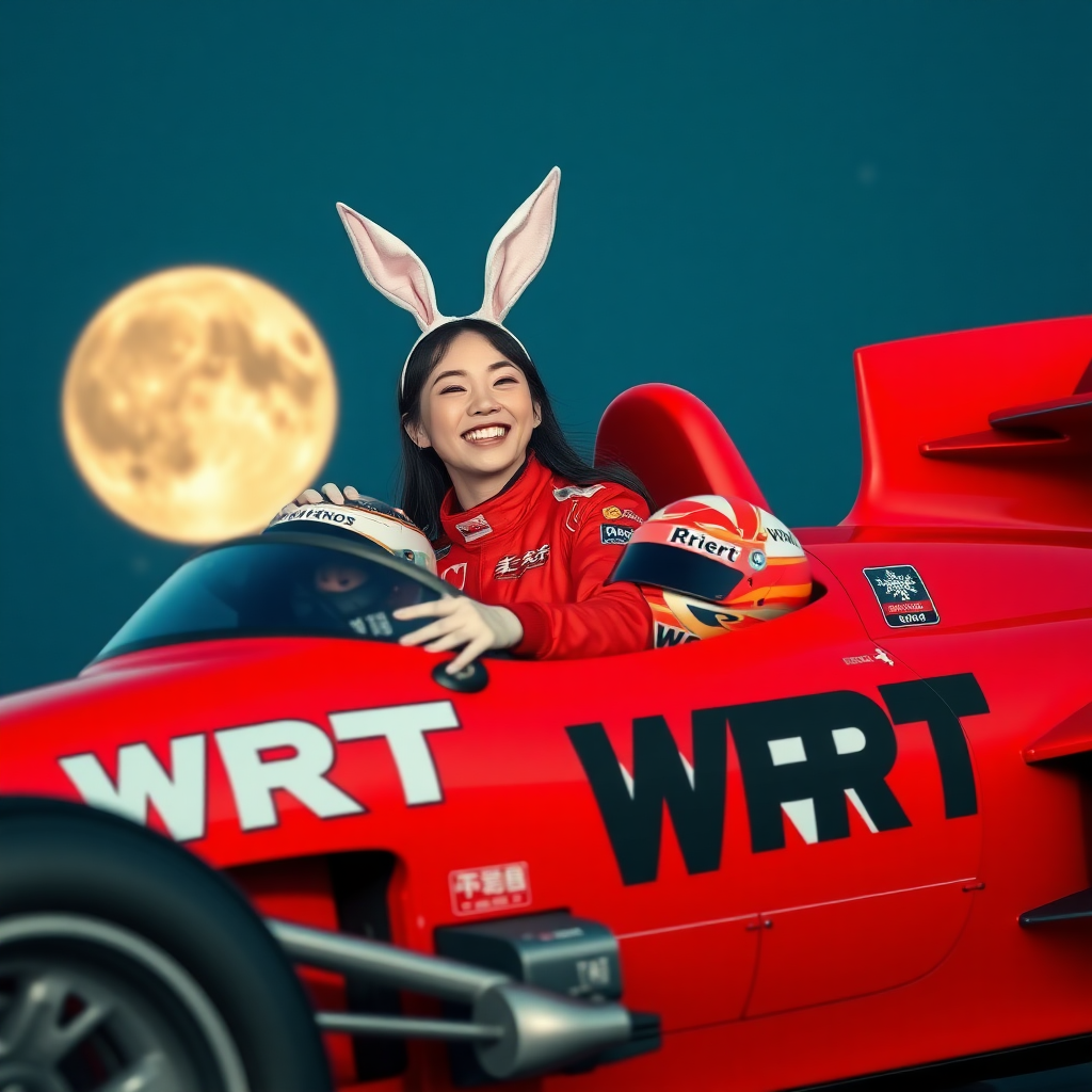 A red racing car with "WRT" written on it, driven by the beautiful Chinese racer Wang Rong. She is holding her racing helmet and laughing, wearing rabbit ears, with a huge moon in the background.