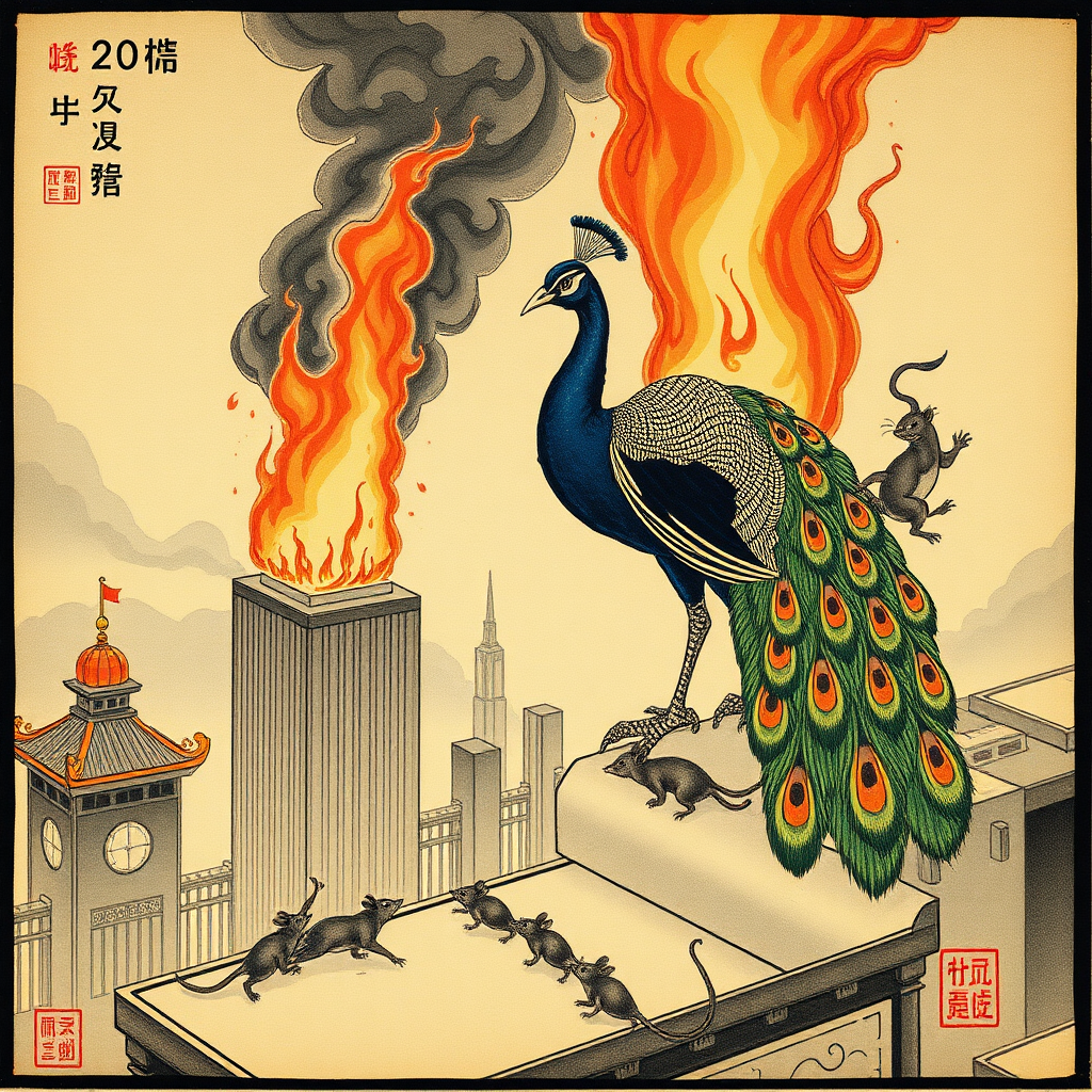 A peacock saving rats from a burning skyscraper, Chinese woodcut, Catholic