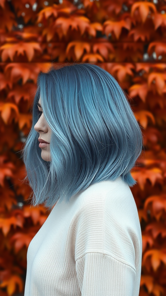 Kate Moss with Bouncy Bob hair, sea water blue color, against a background of autumn chestnut foliage, in high definition.