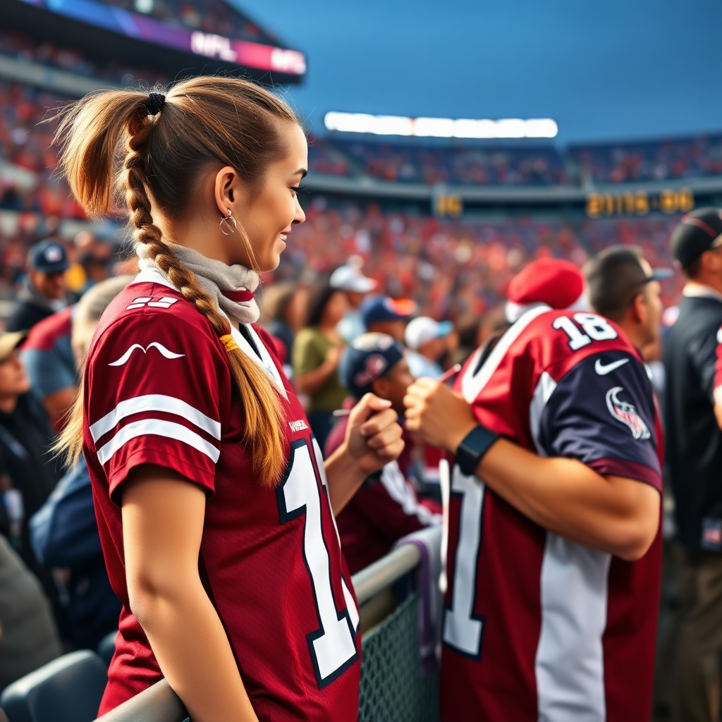 Attractive female NFL fan, pigtail hair, at crowded front row stadium barriers, holding a spare jersey, asking her favorite player to write an autograph on spare jersey, in NFL stadium