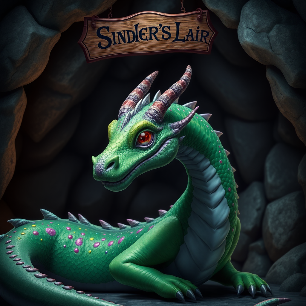 A photo realistic green dragon with rainbow sparkly spots and purple skin and eyes but no horns in a dragon cave with a sign above it that says "Sinder's Lair"