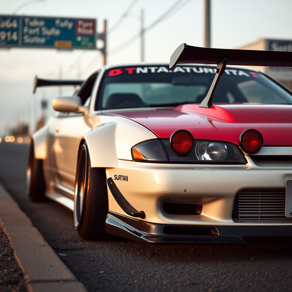 concept tuner nissan silvia s14 the car is parked on the side of the road, inspired by Taiyō Matsumoto, tumblr, restomod, nd4, c4