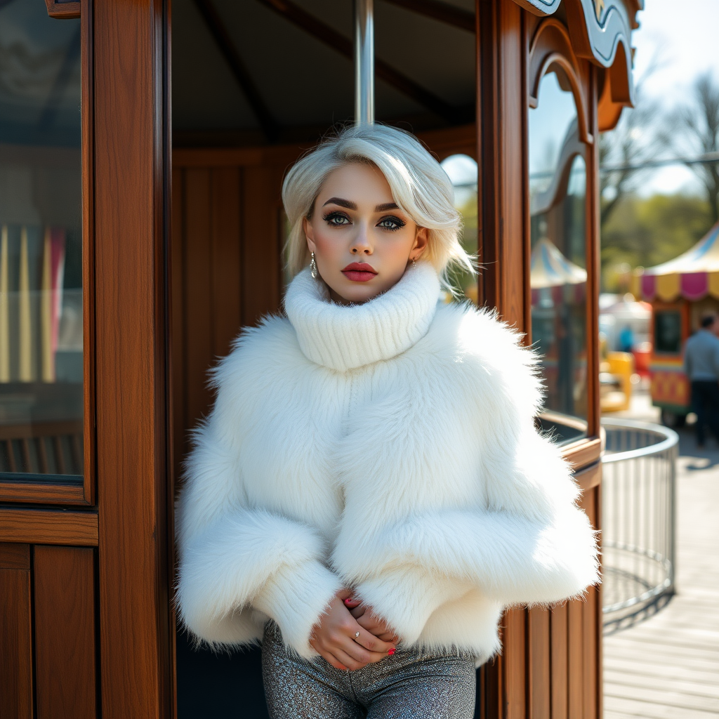 Amusement park wooden “kissing booth”, sunny spring Sunday morning. Sam, 19 years old beautiful involuntary femboy, rebellious intractable character, petite boyish figure, platinum blond boyish rebel punk hairstyle, flawless heavily made-up face with sharp arched tattooed eyebrows, wearing Supertanya-style fluffy very fuzzy bright white angora thigh-length turtleneck-poncho fully covering body and arms, silver-glitter leggings, black leather high-heeled pumps, silver earrings, both hands tied to pole behind back, standing inside kissing booth, waiting for next customer to kiss. Focus on Sam’s face and turtleneck-poncho.