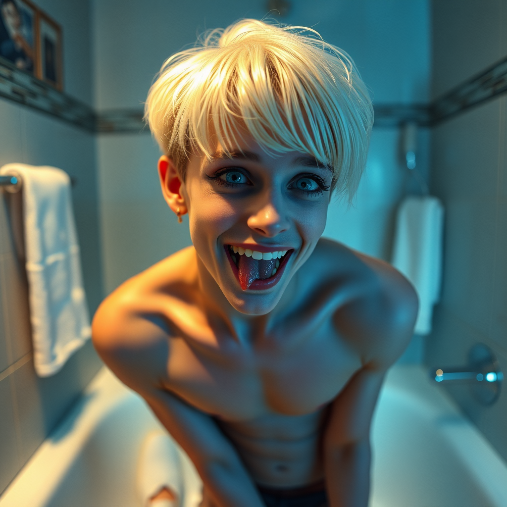 photorealistic, ultra high resolution, 16K, surreal fantasy, studio lighting, a pretty 16 year old goth boy, slim male physique, short blonde hair, goth makeup, earrings, pantyhose, white ballet shoes, in the bathroom, excited smile, facing the camera, drooling from his mouth