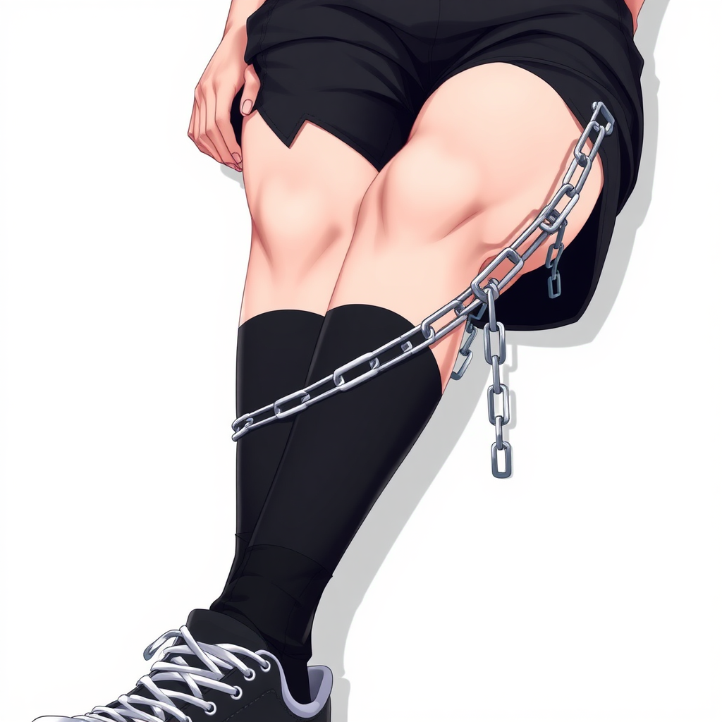 Anime detailed face, masterpiece, high quality, 1boy, boy haircut, crossdressing, Black thigh high socks, sneakers, male body, male bulge, flat chest, teenager boy, teenage, male body type, dark hair, short hair, boy hair cut, honey eyes, looking at viewer, shy, sexy, very short hair, happy, curvy boy, boy face, thin body, tight clothes, flat chest, crop top black, The razor chain is attached to the thigh