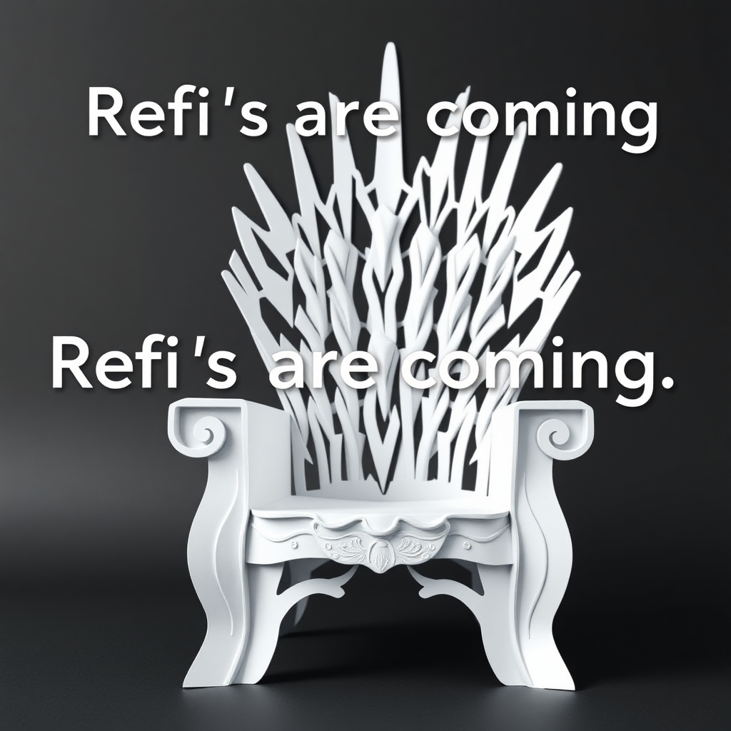 A flyer image of the Game of Thrones chair made out of white paper. The text in the background says “Refi’s are coming.” The refi is for refinancing a home. Photorealistic.