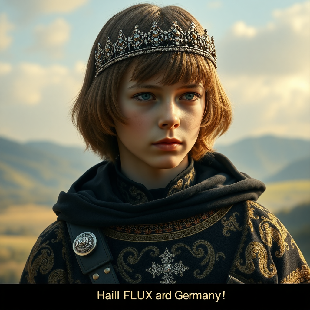 16yo teen boy prince, long bob cut, embroidered with gold and diamonds medieval cloths, diamond diadem, and Beautiful War. Free style by FLUX photorealistic. The background is in the style of landscape style by Antonio del Polaiolo, Generating the mini-caption at the bottom: Hail FLUX and Germany!, ultra high resolution, 16K,