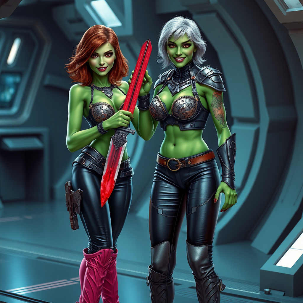 Tall, beautiful green skinned woman. Her brown hair is in a shag-cut style. Her eyes are gold. She is dressed in an ornate metal bra. She is wearing black leather pants, with pink knee high boots. She is holding a large, bloody dagger in a threatening manner. She is smiling. A sci-fi looking gun is holstered at her hip. Standing next to her, hand on her shoulder is an older green skinned woman, dressed in a metal bikini and gray knee boots. She is at a sci-fi space-port.