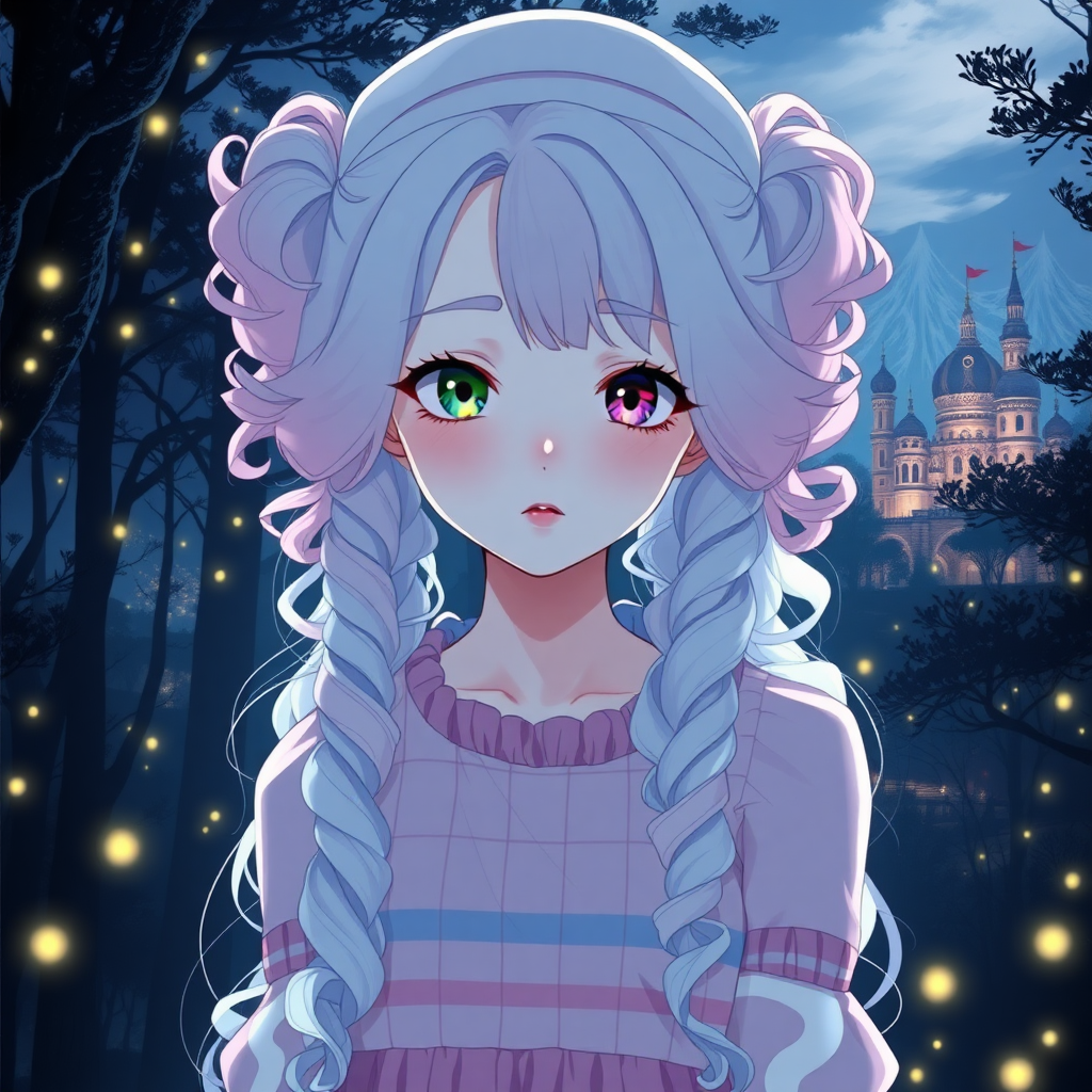 Create an anime, detailed image of a 25-year-old woman with very pale, almost translucent skin. His left eye is a bright green shade, his right eye is a shade of black. Her hair is voluminous and curly tied in two pigtails, but very long until just above her waist. The hair is divided in half with the right side being light pink and the left side being light blue. She has delicate features and her face is strong and cute at the same time. She wears a pink and blue checkered dress. It's in the middle of a dark forest, lit by fireflies that glow softly. In the background, a city with fantastic architecture, giving a magical touch to the scene. The image must be extremely anime, capturing every detail with precision and 8k quality. It looks like a photograph. "Extremely anime. 25 years old. She wears a small white top hat on her head. Beautiful. Beautiful. Extremely anime. Beautiful appearance."