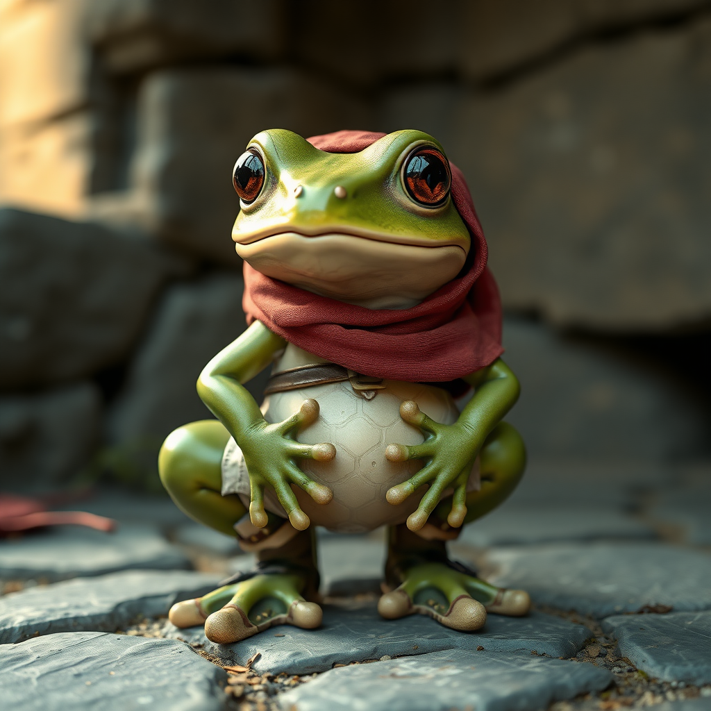 Anthropomorphic baby frog in a medieval setting and clothing and shoes