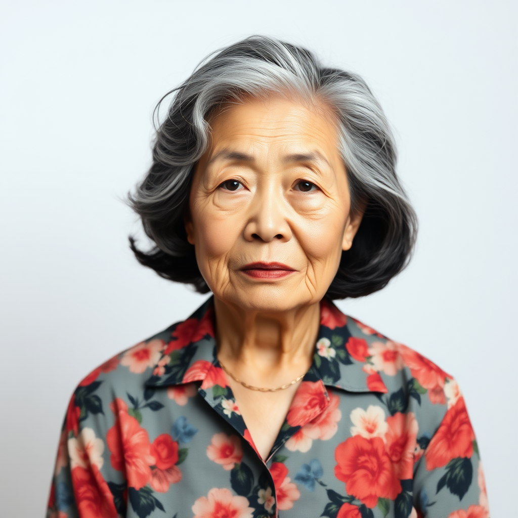 80 age old korean woman, front, flower shirt, photo studio background, Short permed hair, black and white hair