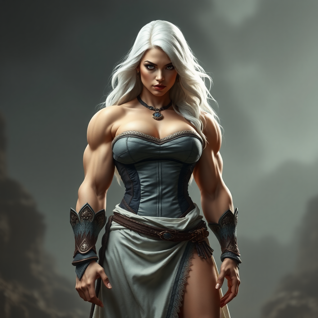 massive huge muscular jacked strong bodybuilder girl, strapless dress, warrior princess, white hair