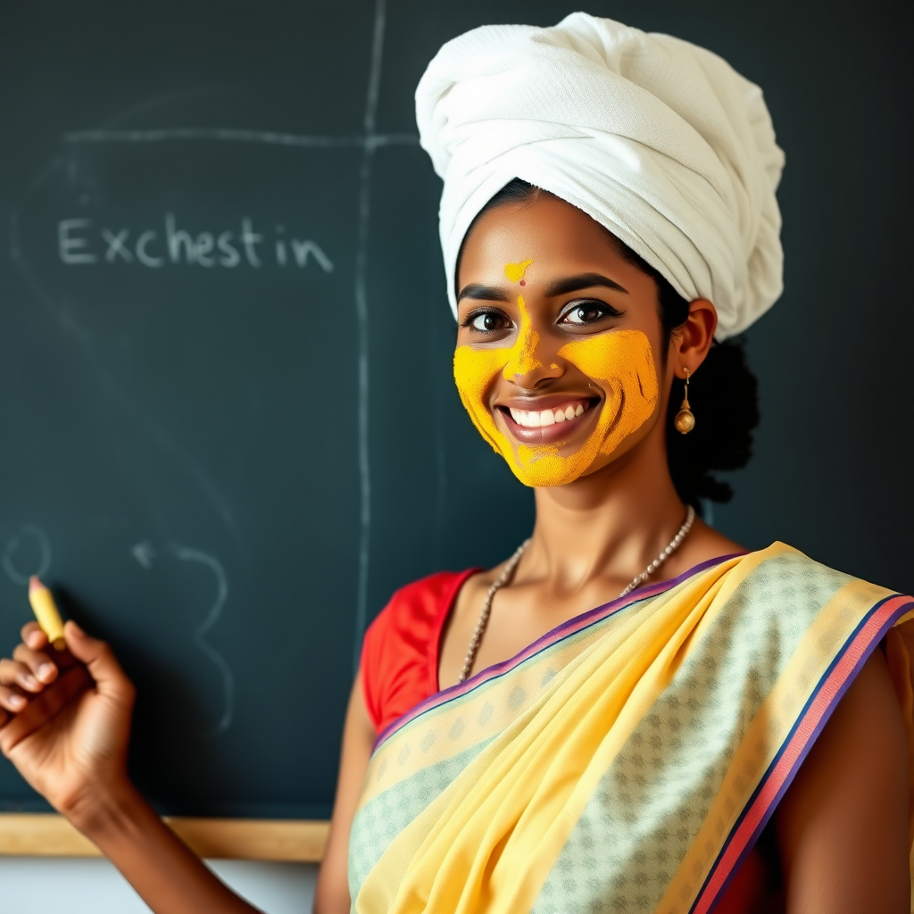 slim, 30 year old, sexy, indian female school teacher, saree, towel head, turmeric face mask. She is smiling and teaching on a blackboard