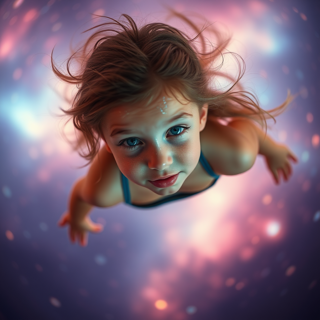 preteen girl floating in space, Low Key Lighting, dreamscape, nebula, Bokeh, abstract, brilliant colors, glittering, translucent, iridescent, natural skin, glowing, artistic photo, panoramic, interesting, microscopy, airy, original, experimental, interdimensional