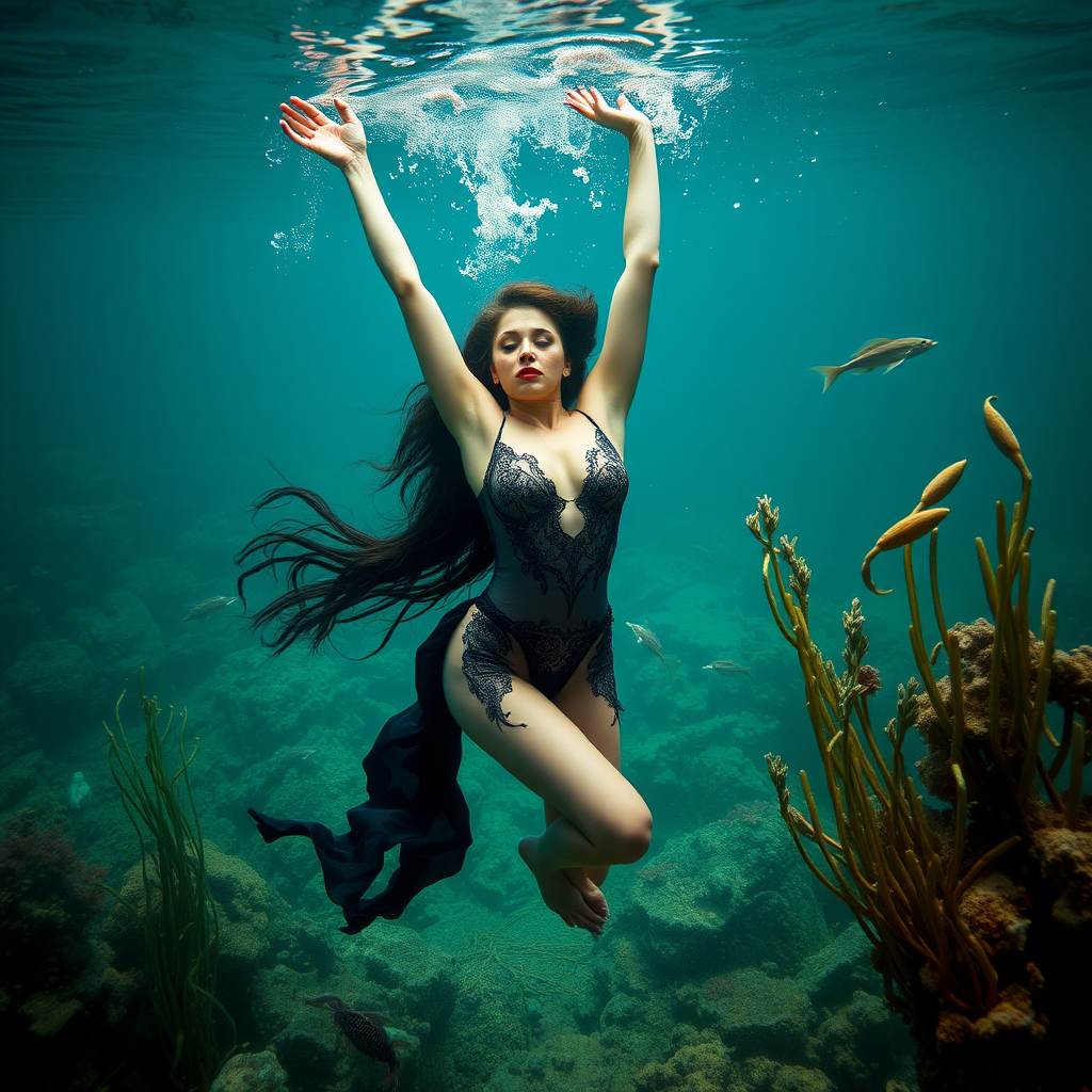 Mystique as a burlesque dancer she's floating underwater surrounded by sea creatures and plant life. Her graceful arms float above her head. In the photographic style of Richard Fegley on DSLR