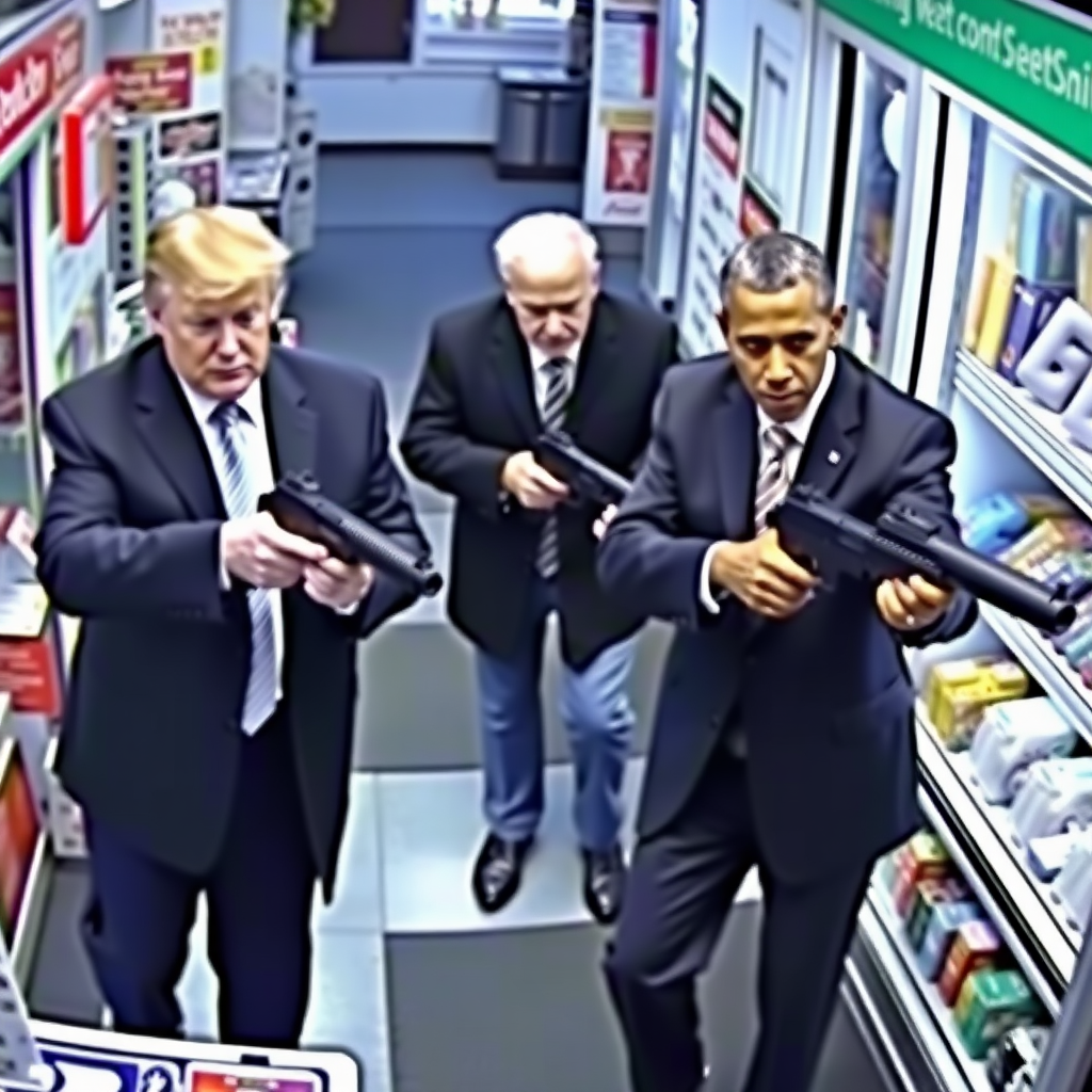 Donald Trump and Joe Biden and Barack Obama robbing a convenience store with guns, CCTV footage.