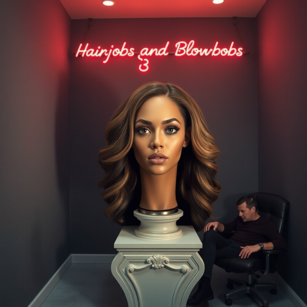 In a well lit corner of an unconventional long hair fetish store, an astonishing sight awaits—the real, live, flesh and blood disembodied head of Beyoncé, her luxurious, cascading waves of hair that flow down to the ground glistening under the soft overhead lights. The striking contrast of her rich, dark locks against her flawless, sun-kissed complexion creates a mesmerizing visual. Resting atop an elegantly designed pedestal, the head appears almost otherworldly, with bright, expressive eyes that convey an engaging mixture of charm and mischief.

The plain gray background enhances the surreal atmosphere, offering a stark canvas that emphasizes the vivid details of her captivating visage. A whimsical, neon sign in bold letters hangs just above, proclaiming "Hairjobs and Blowjobs," adding a playful yet provocative element to the scene. A man sits in a chair next to her waiting for her head to pleasure him.