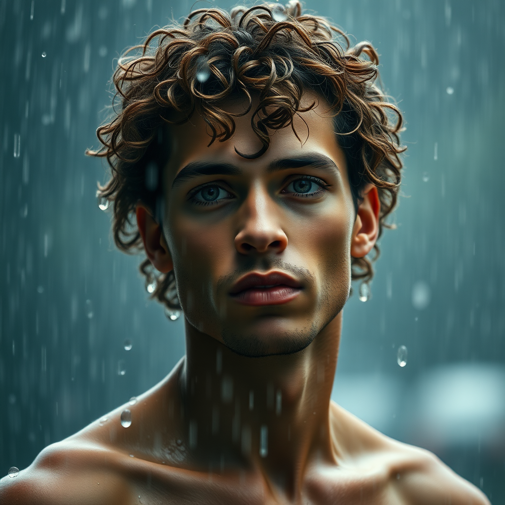 so much rain, man with short fine curly hair, oval face, small nose,