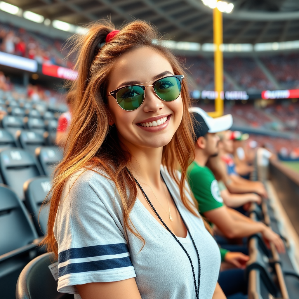 Attractive female NFL fangirl, stadium bleacher row, cheering at match